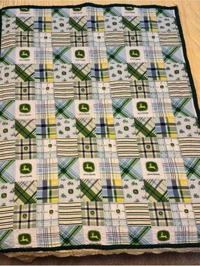 Never used John Deere Plaid Patchwork Quilted Throw in Green, Blue & Yellow